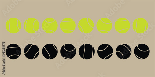 Row Of Tennis Balls In Green And Black On A Beige Background Keywords: tennis ball, sport, game, equipment, round, fuzzy, green