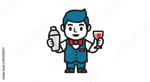 Cartoon bartender holding cocktail shaker and wine glass