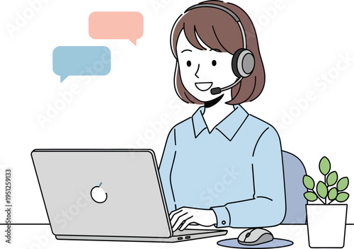 A woman wearing a headset sits at a desk with a laptop