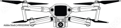 Detailed black and white quadcopter drone front view illustration with mounted camera, sensors, streamlined design, modern UAV technology concept for aerial photography, surveillance, videography, 