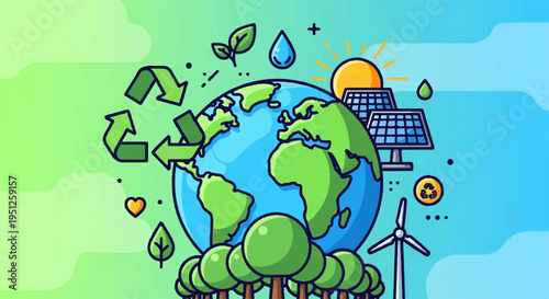 Earth with green trees recycling symbols solar panel and wind turbine on a colorful background representing eco friendly sustainable living and renewable energy sources
