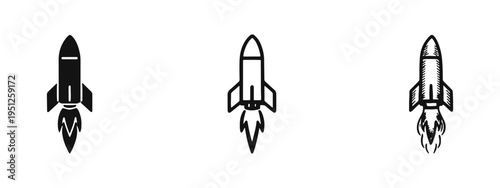 Launching Rocket or Space Shuttle Icon Set, depicting a rocket taking off with flames, in three distinct artistic styles.