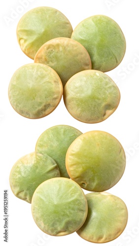 Several uncooked green lentils arranged for presentation on a white background