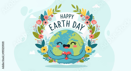 Happy earth day illustration with embracing cartoon globe surrounded by floral wreath and leaves on light blue background
