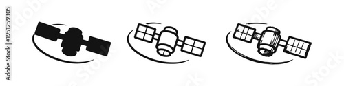 Global Satellite or Spacecraft Icon Set, featuring a satellite design within a circular frame, in solid, outline, and hand-drawn styles.