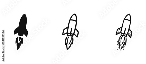 Rocket Taking Off or Launch Icon Set, illustrating a rocket ascending diagonally with flame trails, in various artistic renditions.