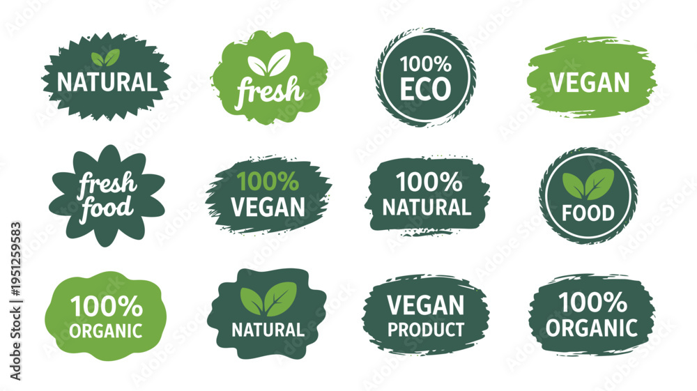 Obraz premium Vegan and organic food label badges, vector set of fresh, eco-friendly, vegetarian, and healthy product icons for packaging, branding, and design projects