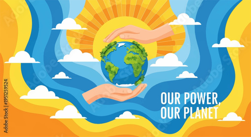 Hands holding earth globe with sun and clouds symbolizing environmental protection and sustainability