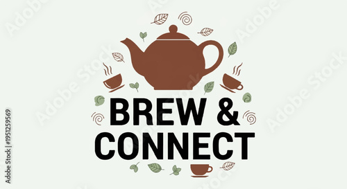 Brew connect logo with teapot cups and leaves on a light green background symbolizing social gatherings and relaxation