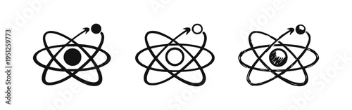 Atom with orbiting electron icon set. Quantum physics and scientific research concept of particle movement.