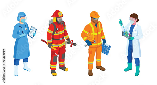 Essential workers including healthcare professionals and first responders shown