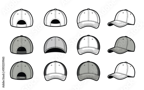 Baseball cap mockup, with front back and side views, vector illustration of headwear design template for fashion branding, apparel presentation, and merchandise customization