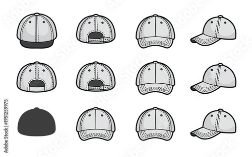 Baseball cap vector illustration with front, back and side views, detailed headwear mockup design for fashion, branding, merchandise, and apparel presentation projects