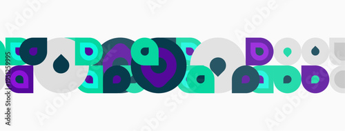 Abstract pattern features overlapping circles, varying sizes, teal, purple, dark shades. Minimalist design creates rhythmic visual flow.