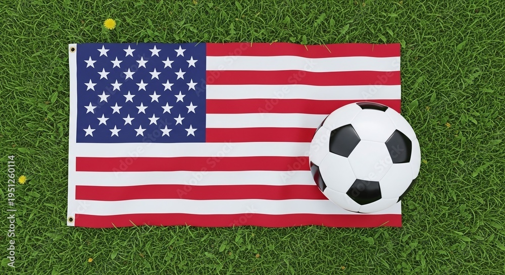 Naklejka premium American flag with soccer ball on green grass background