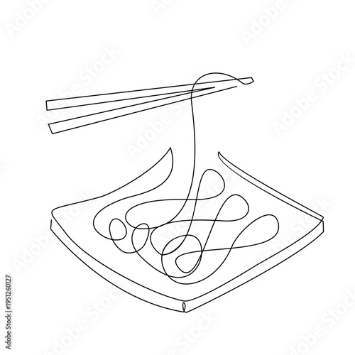 Continuous Line Art of Chopsticks Picking Up Noodles from a Bowl