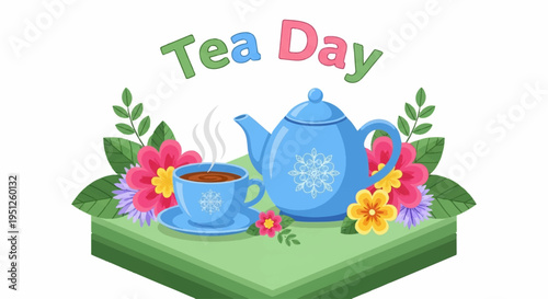 Colorful tea set with flowers on green table tea day written above warm and cozy atmosphere