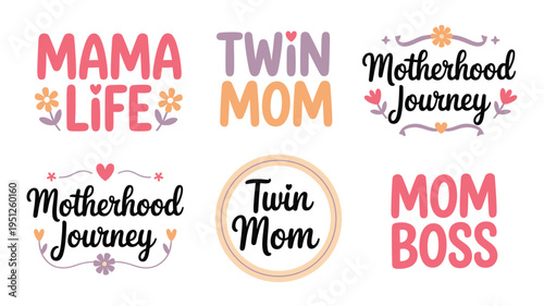 Diverse collection of colorful typography designs celebrating different aspects of motherhood