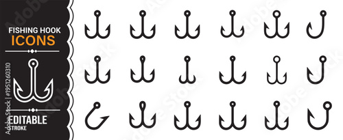 Minimal fishing icons pack for angling, marine activity and outdoor recreation concepts