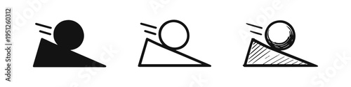 Circle Rolling Down a Slope Icons Set. Physics of Gravity and Movement Symbol Collection. Object on an Incline Vector.