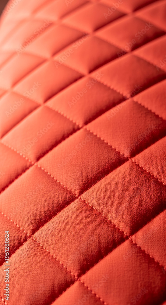 Obraz premium Close-up of a red, quilted textile surface with diamond pattern, creating padded effect. It represents craftmanship, luxury and tactile sensation