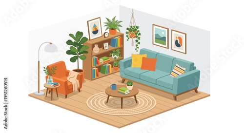 Isometric illustration of a cozy and stylish living room interior