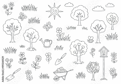Hand-drawn outline garden elements for creative designs and coloring. Features trees, flowers, butterflies, sun, clouds, and gardening tools