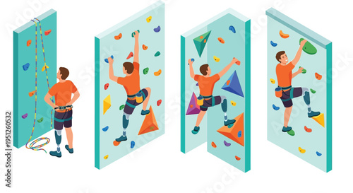 Adaptive climbers scaling an indoor rock climbing wall with colorful holds