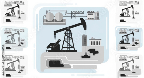 Oil Well Pumpjack Silhouette with Detailed Diagram Illustration.