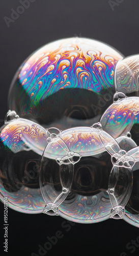 Macro shot of cluster bubble with iridescent pattern on dark backdrop, showcasing light interference effect. Concept: fragility, physics, or scientific study