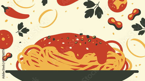 Generous serving of spaghetti pasta with red sauce and spices