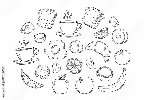 Hand-drawn collection of breakfast food sketches, featuring steaming coffee, crispy toast, fried eggs, fresh fruits, and delicious pastries, perfect for morning meal concepts