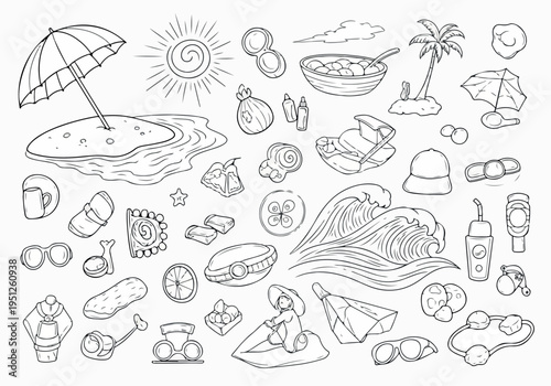 A charming collection of hand-drawn summer vacation and beach-themed doodles, perfect for designing invitations, decorations, and seasonal projects with a playful, artistic touch