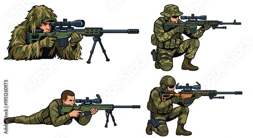 Cartoon illustration of soldiers aiming sniper rifles in various positions