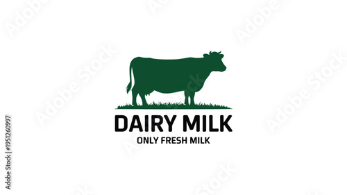 Green cow silhouette on grass with dairy milk text and fresh milk slogan