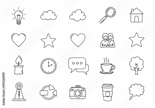 A versatile collection of minimalist line art icons for modern digital design projects, featuring essential UI/UX elements and everyday concepts like communication, technology, and lifestyle symbols