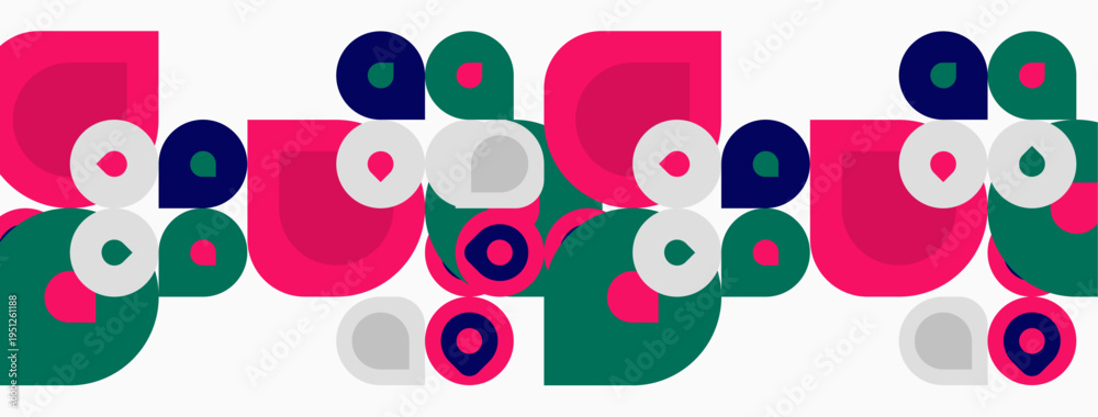 Fototapeta premium Abstract geometric pattern. Circles, overlapping shapes create vibrant, playful design. Pink, green, purple hues dominate composition.