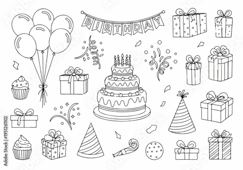 Collection of hand-drawn birthday celebration elements, featuring balloons, a tiered cake, wrapped gifts, party hats, confetti, and cupcakes, ideal for festive design projects