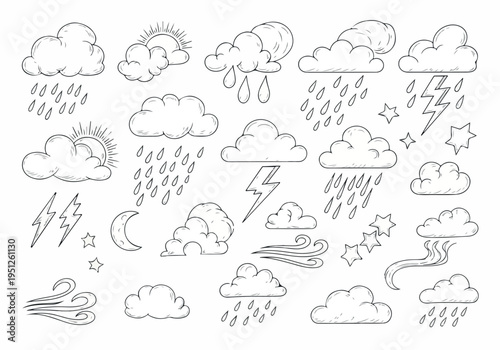 Hand-drawn doodle weather icons set featuring clouds, rain, sun, lightning, and wind. Cartoon forecast elements for climate and seasonal graphic designs