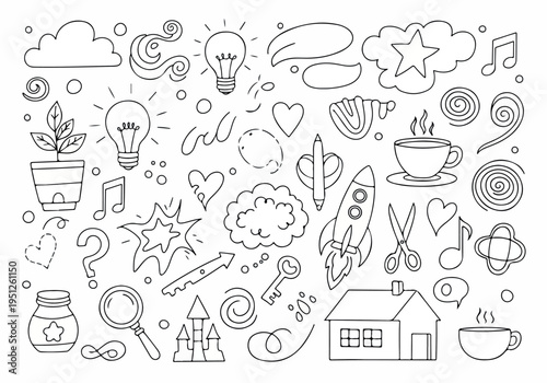Diverse set of monochrome hand-drawn doodles and conceptual sketches, perfect for illustrating ideas, creativity, and daily life elements