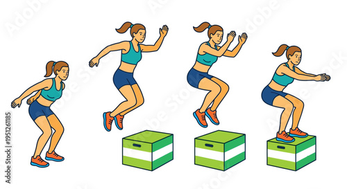 Illustration of a woman performing box jumps in a sequence