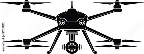 Black silhouette hexacopter drone front view illustration with six rotors and mounted camera, modern UAV technology concept for aerial photography, videography, surveillance, remote sensing artwork