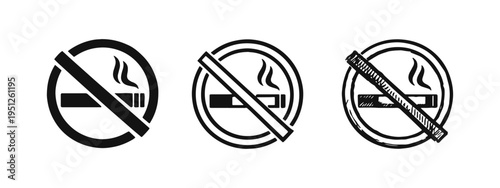 No Smoking sign icon set with solid, outline, and hand-drawn styles. Health and public safety concept illustration.