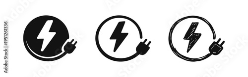 Electric power and charging plug icon set with lightning bolt in solid, outline, and hand-drawn styles.