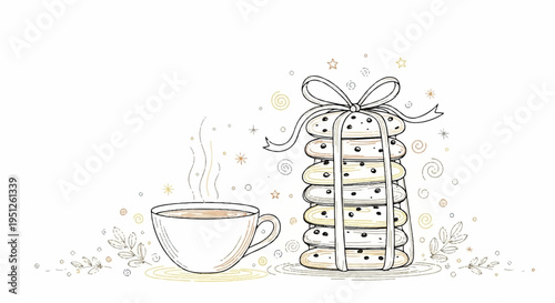 Steaming cup of coffee next to a wrapped gift with ribbon on a festive background with confetti