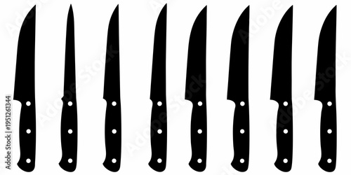 A collection of eight black silhouette steak knives arranged vertically