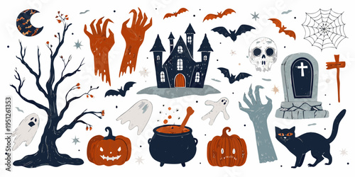 A spooky halloween illustration featuring ghosts bats and a haunted castle