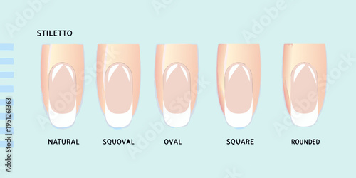 Illustration depicting five different shapes of artificial stiletto fingernails