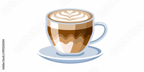 A colorful illustration of a latte in a glass with a saucer