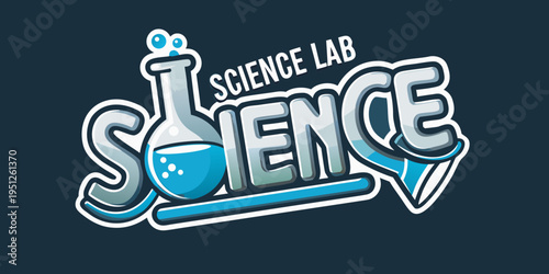 Colorful cartoon illustration of a science lab beaker and the word science